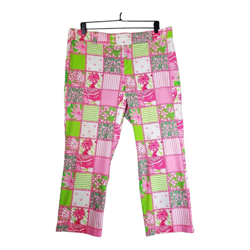 Lilly Pulitzer sz 14 Capri Pants Patchwork Floral Print Pink Green White